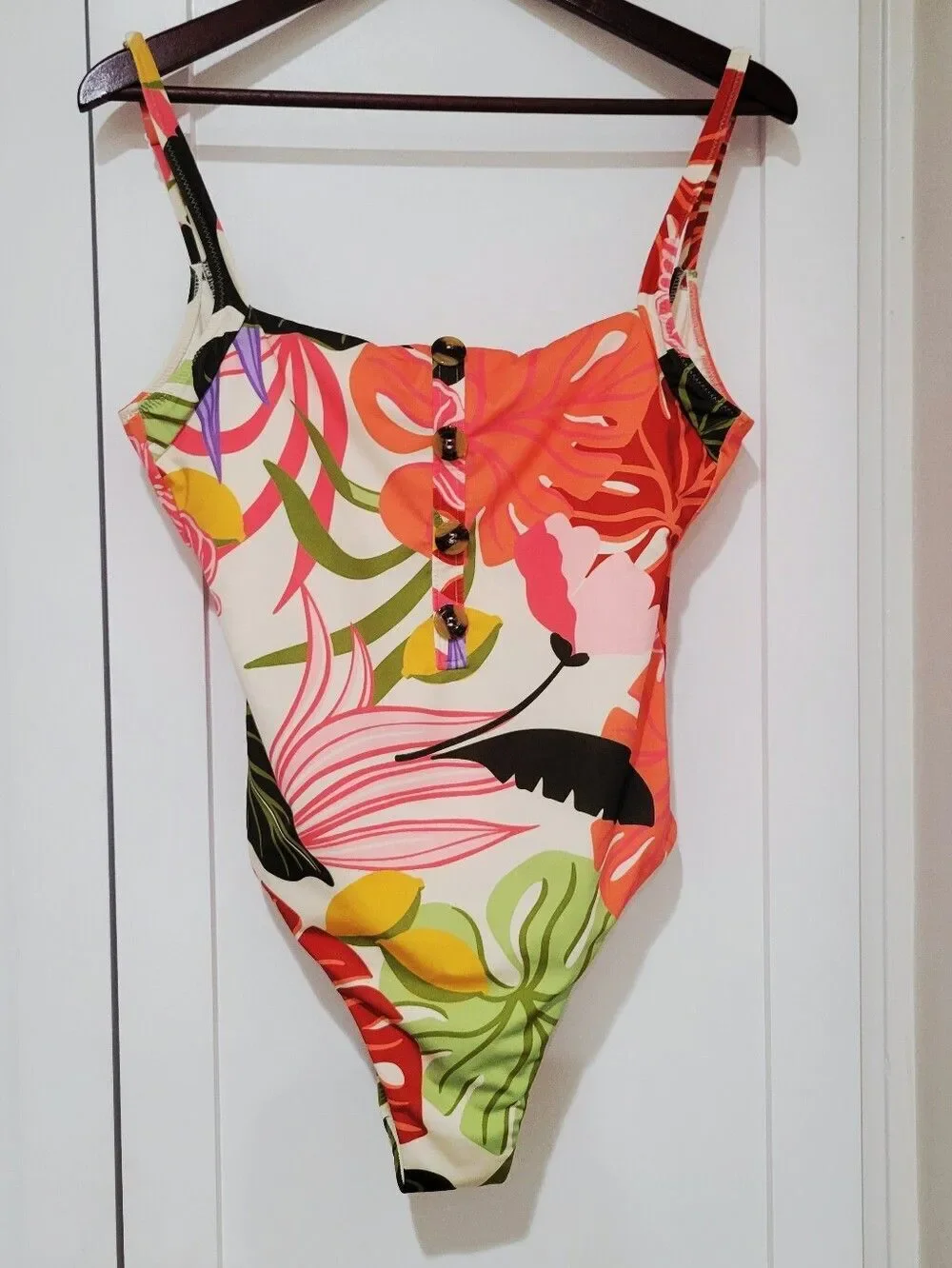 Sanctuary Floral One Piece Swimsuit Button Front Cream Size L